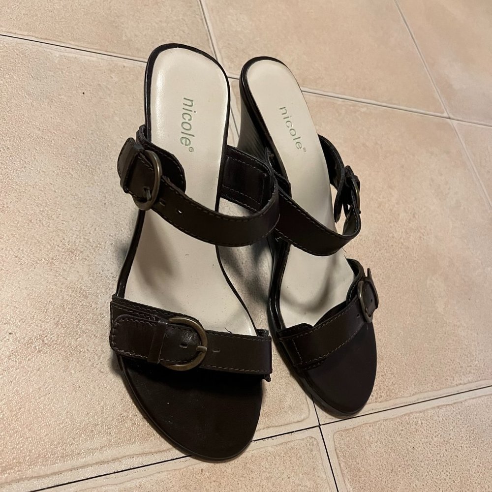 Nicole Brown Backless Wedge - Leather - 8.5